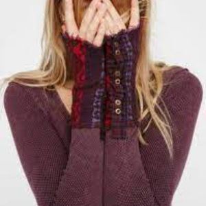 Free People  Dark Purple Art School Embroidered Thermal Top   NWT